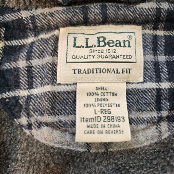 LL Bean Fleece Lined Flannel Shacket Mens L REG Traditional Fit Blue Plaid - Picture 8 of 14